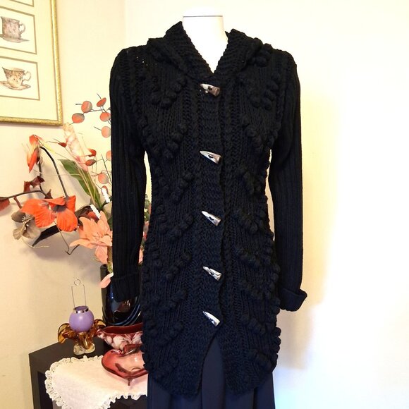NWT Woman's Black Hooded Cardigan Coat Knit Lightweight Warm & Elegant Outerwear - Picture 8 of 10